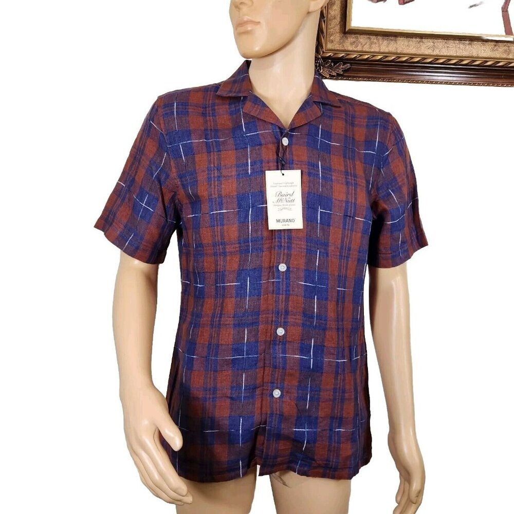 Murano Men's Shirt Size XL Rust Blue Plaid Button Up Slim Fit Linen (26)